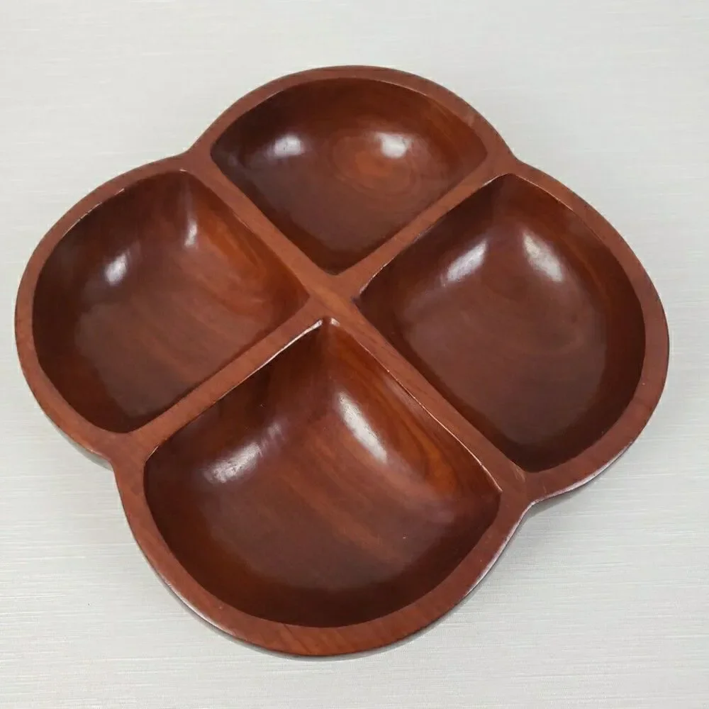 Carib Craft Lacquered Mahogany Divided Snack Nut Dish Serving Bowl VTG MCM